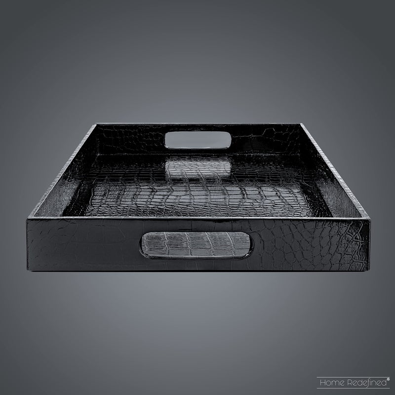 Home Redefined Black Leather Serving Tray with Handles, Glossy Faux Crocodile Print, 17.5x12 Food Drinks Tray for Coffee Table, Breakfast, Dinner & Bar, Decorative Storage Tray for Ottoman, Kitchen, Bedroom, Gift. - Image 5